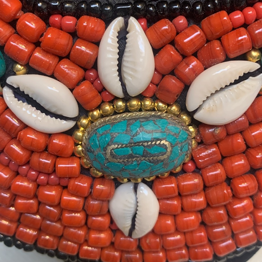 Handcrafted African Coral and Turquoise Cowrie Shell Beaded Tribal Necklace. - Picture 2 of 6